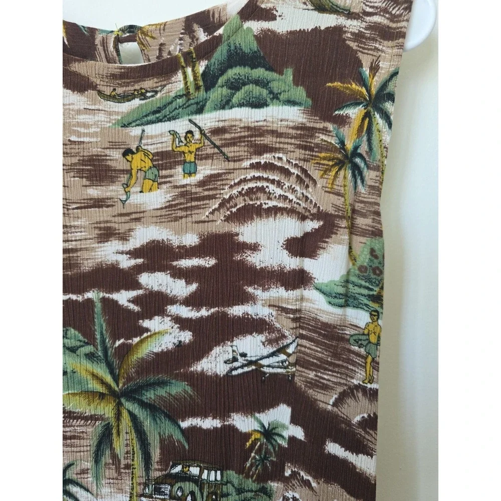 Vintage‎ Tropical Hawaiian Scenic Print Sleeveless Maxi Dress Brown Green Tan